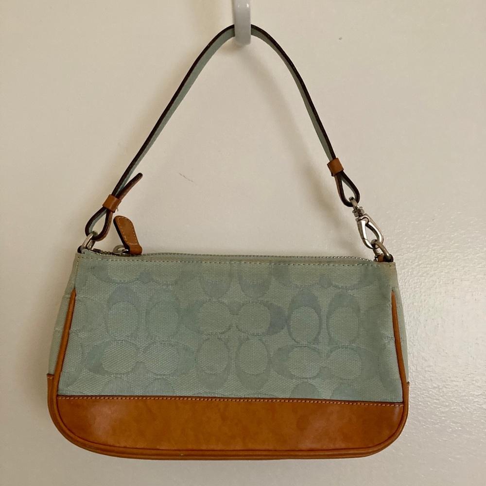 Coach turquoise and tan shoulder bag, signature